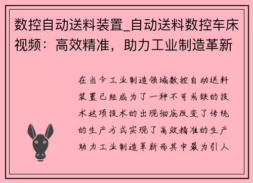 数控自动送料装置_自动送料数控车床视频：高效精准，助力工业制造革新
